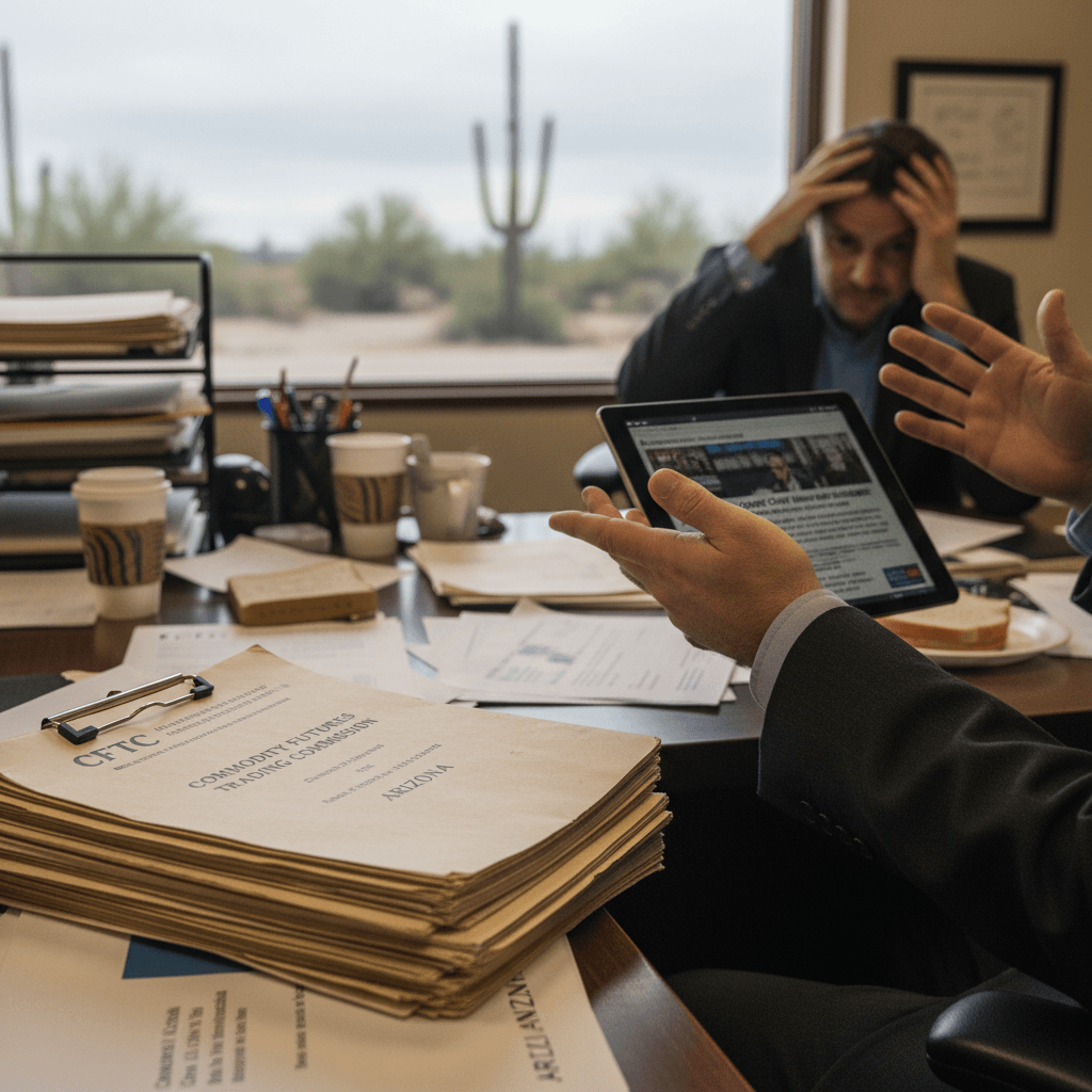 A candid shot of two men in suits at a cluttered office desk. One man gestures while holding a tablet.