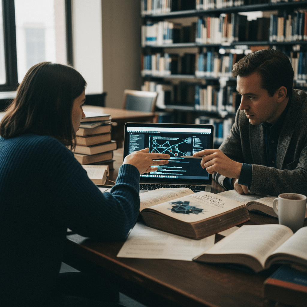 Two individuals at a library table, engaged in conversation while looking at a laptop screen displaying data.