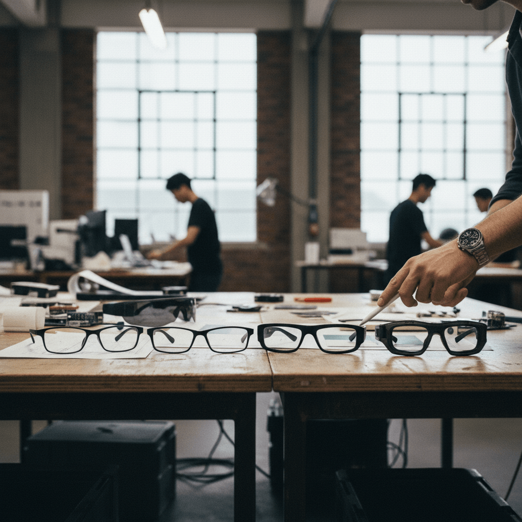 A close-up shot of a person's hand pointing at smart glasses prototypes on a wooden table.