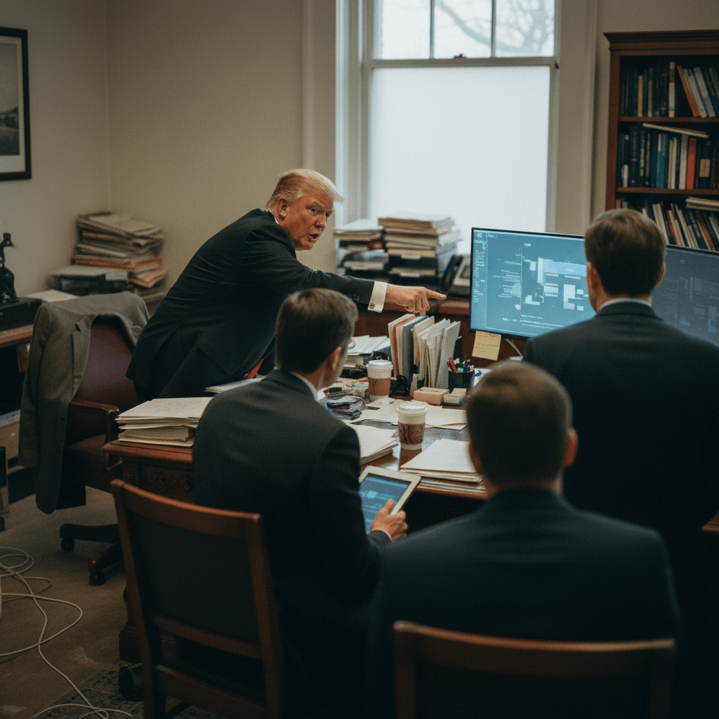 Donald Trump points at a computer screen, animatedly speaking to three men in suits gathered around a desk.