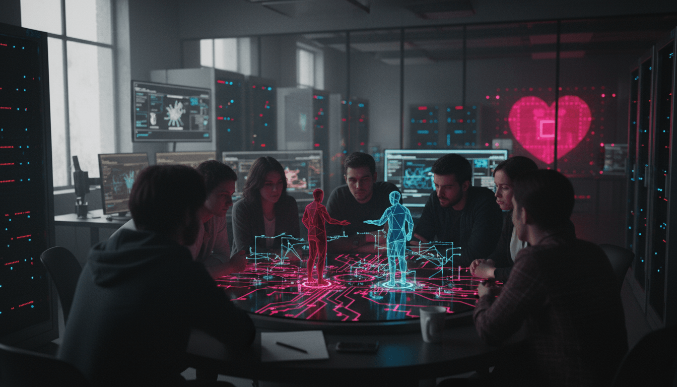 A group of developers in a dimly lit office gather around a holographic table displaying AI agents in simulated social interactions.