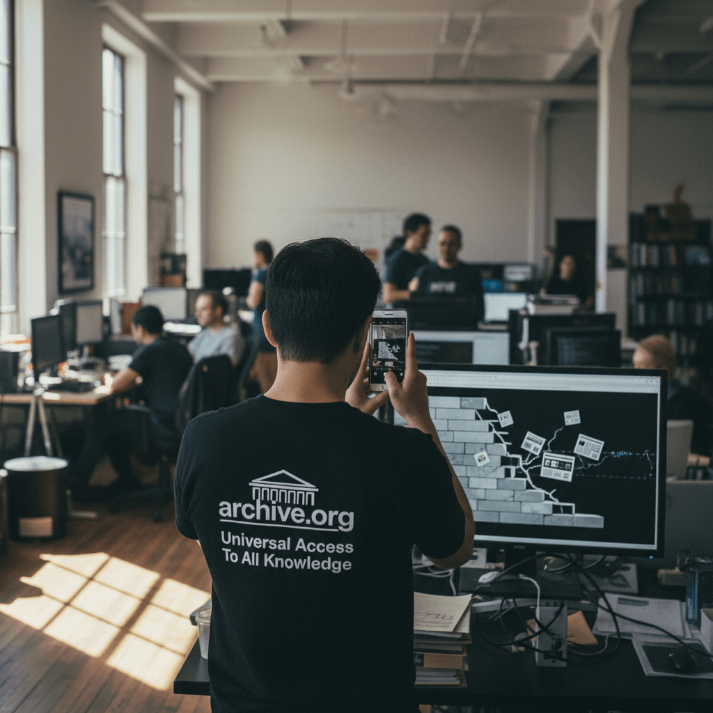 A person from behind, wearing a black t-shirt with "archive.org" and "Universal Access To All Knowledge" printed on it, holds a smartphone up to a computer monitor. The monitor displays a graphic resembling a brick wall with data flowing through it, symbolizing the Internet Archive. Other workers are visible in the background of the sunlit office.