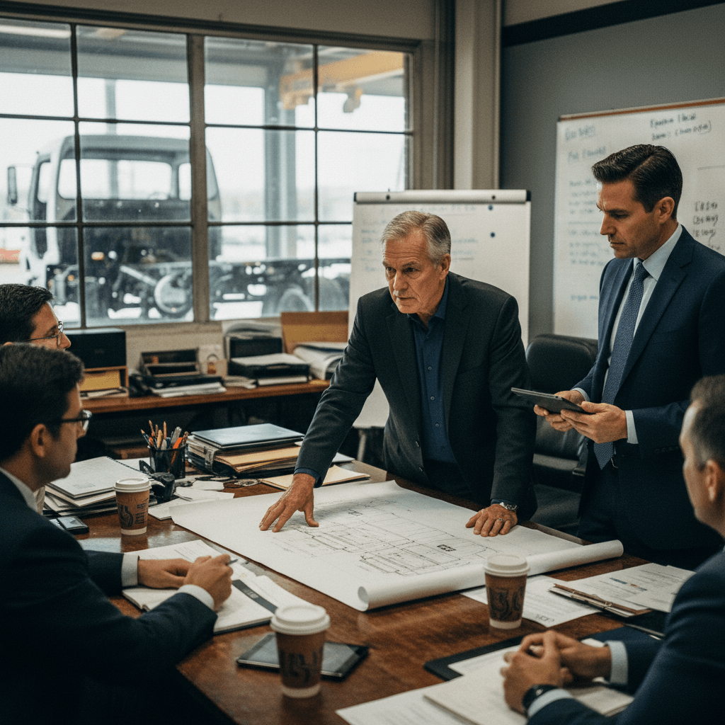 A group of five men in suits gathered around a large table, reviewing blueprints. An EV truck is visible outside a window.