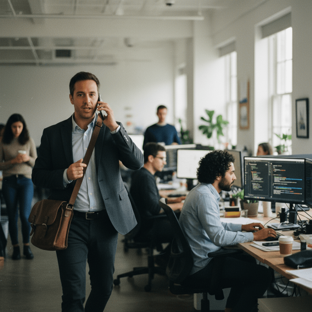 A man in a suit jacket, Guillermo Rauch, walks through a busy, open-plan office space talking on a phone.