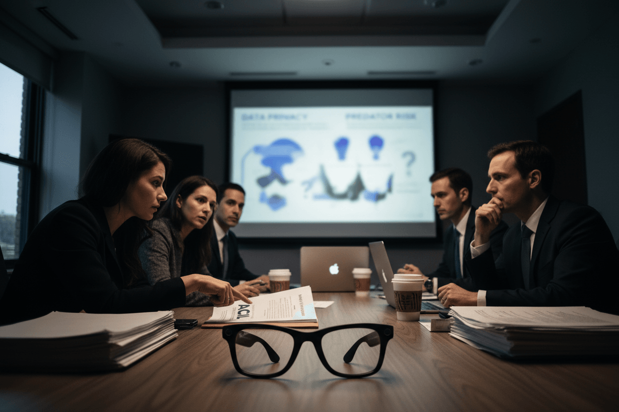 A group of serious people in suits sit around a conference table with smart glasses in the foreground.