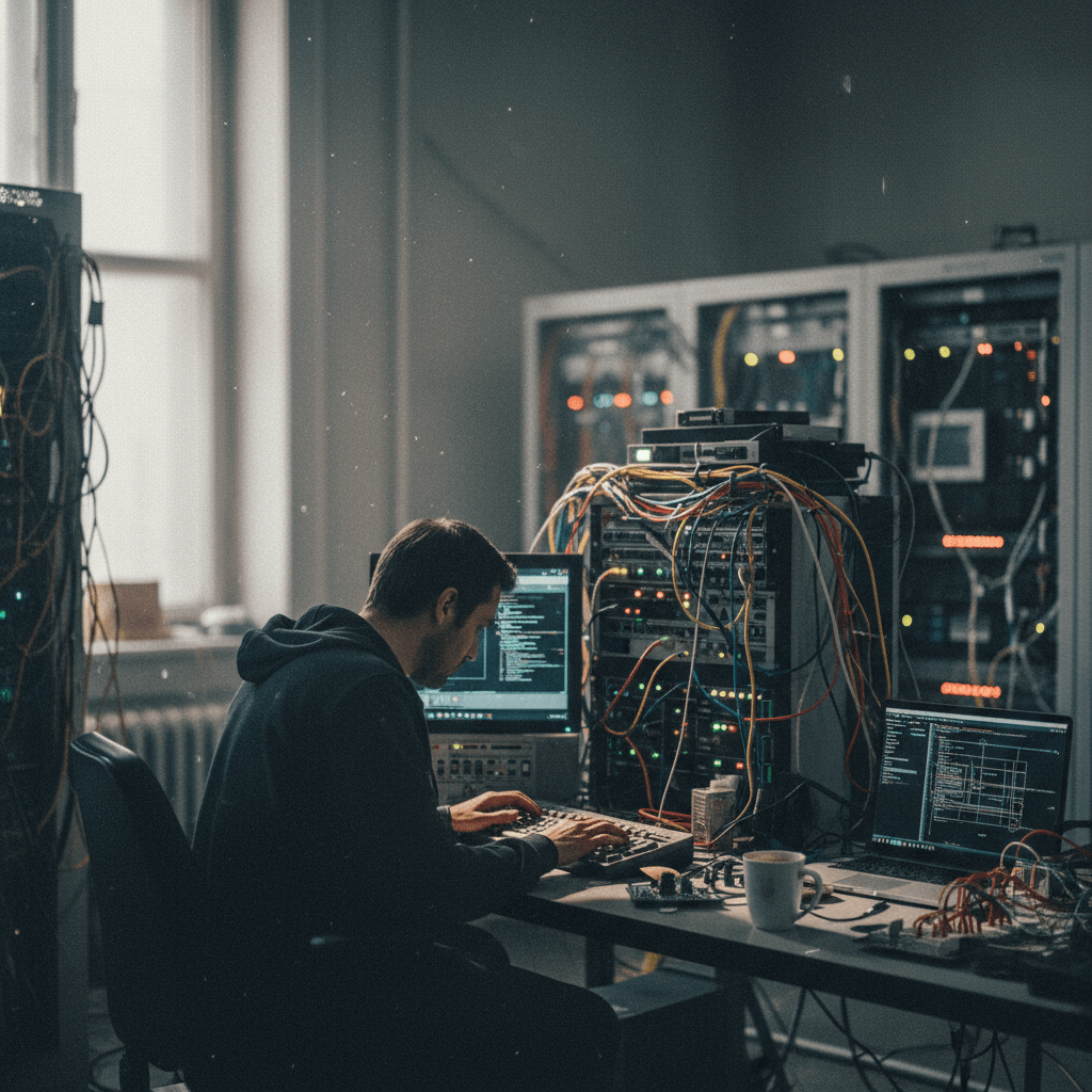 A male engineer, seen from behind, intensely types on a keyboard at a cluttered desk, surrounded by blinking server racks and tangled cables.