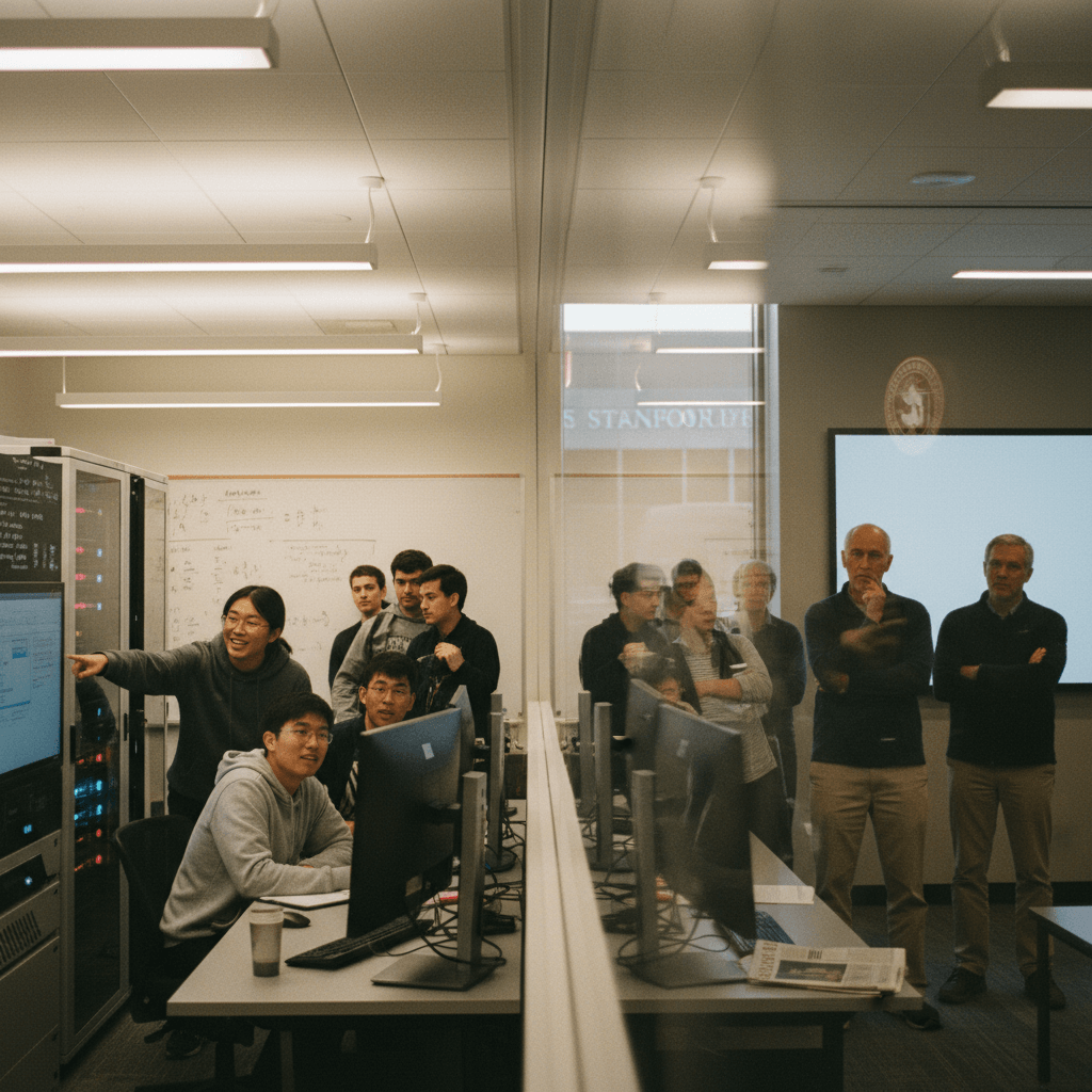 A candid, grainy photograph of a busy university AI lab, with students and faculty on opposite sides of a glass partition.
