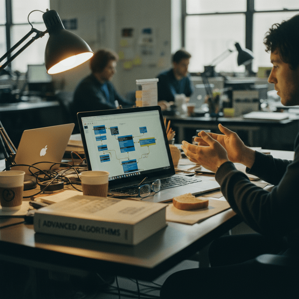 A man with curly hair gesticulates while looking at a laptop displaying a flowchart, with a book titled "Advanced Algorithms" on the desk.