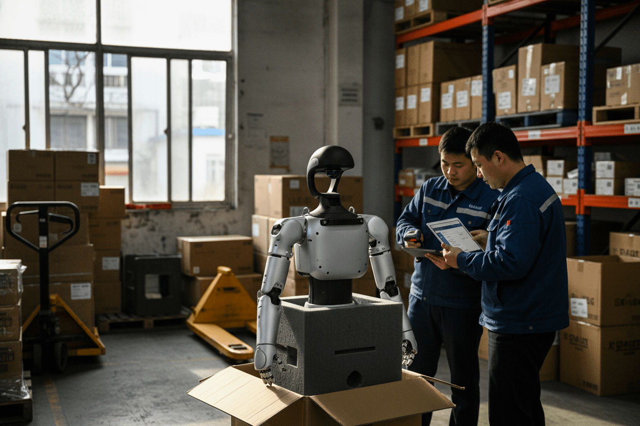Two men in blue work jackets examine a humanoid robot in an open cardboard box within a busy warehouse.