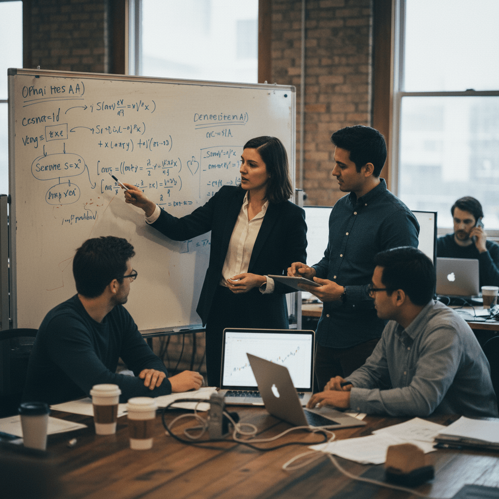 A group of diverse professionals intently discussing technical diagrams and formulas on a whiteboard in a busy office setting.