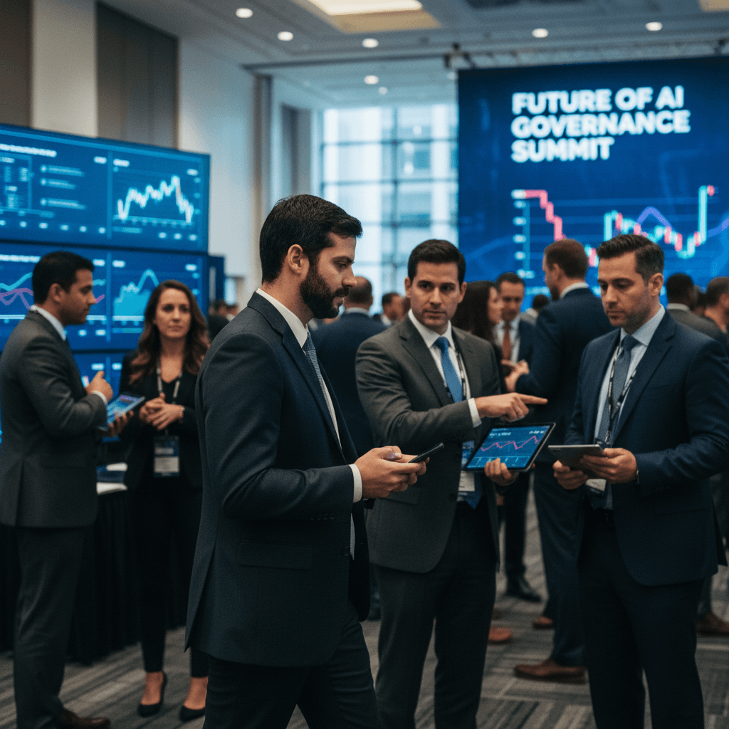 A man resembling Alex Bores in a suit, looking at his phone, surrounded by people at a tech conference.