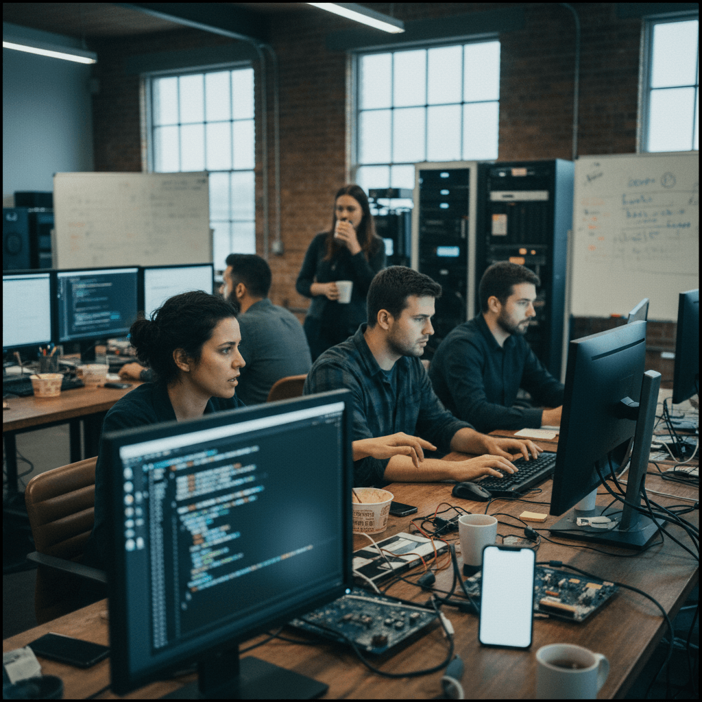 A candid shot of a diverse group of software developers working on computers in a modern, open-plan office.