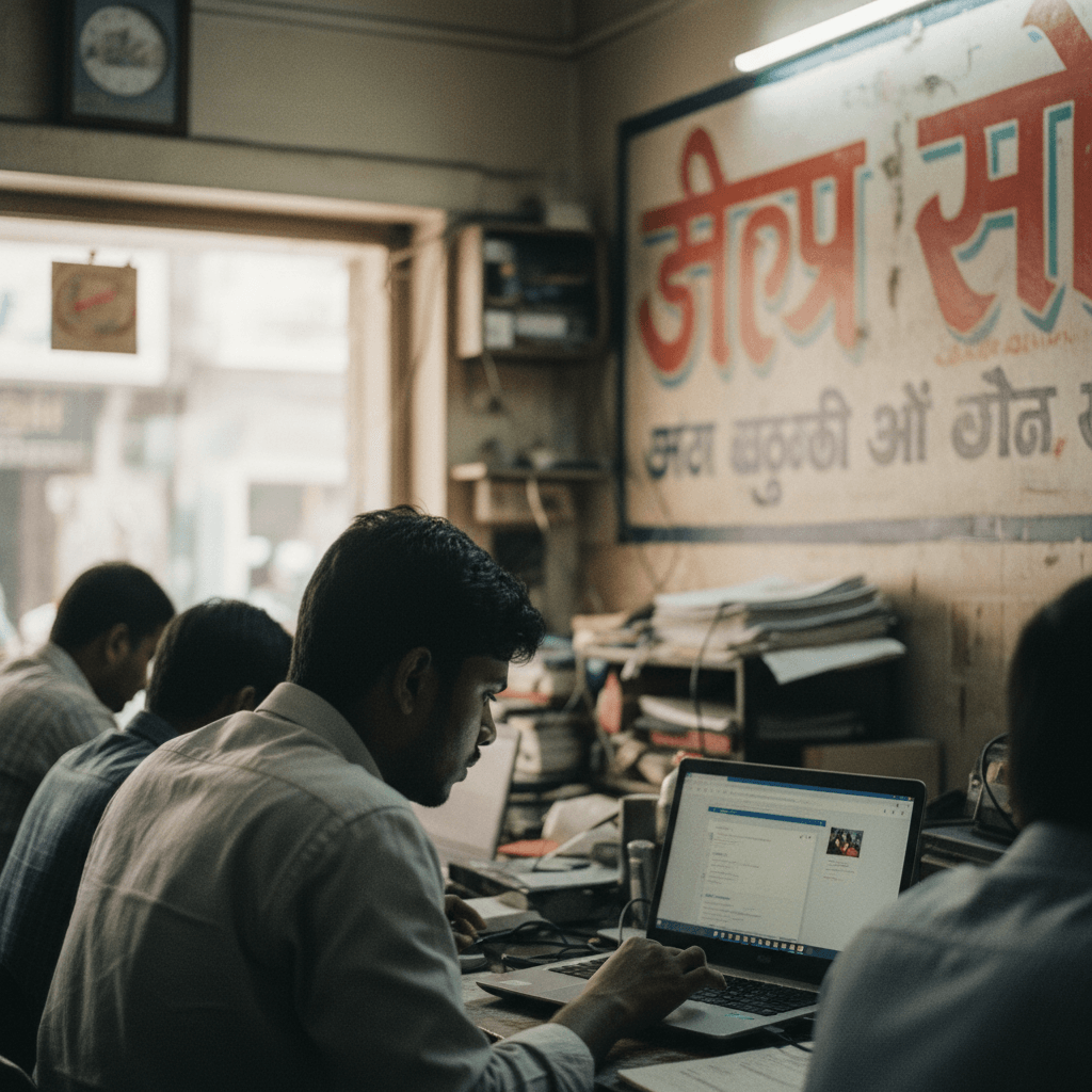 A candid photo of a man focused on his laptop, with other workers and a sign in Hindi in the background.