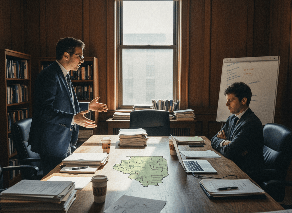 Two men in dark suits discuss AI liability, one gesturing while the other listens, in an office with an Illinois map.