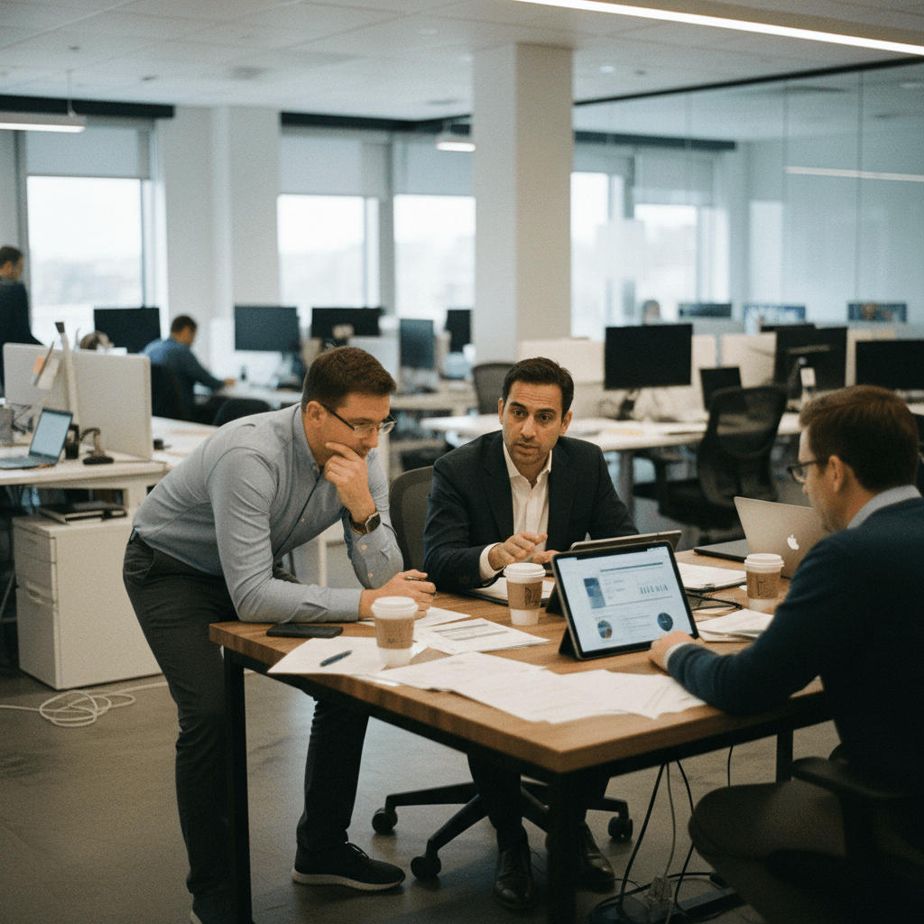 A candid shot of three men, one resembling Dara Khosrowshahi, in a bright, open-plan office during a business meeting.