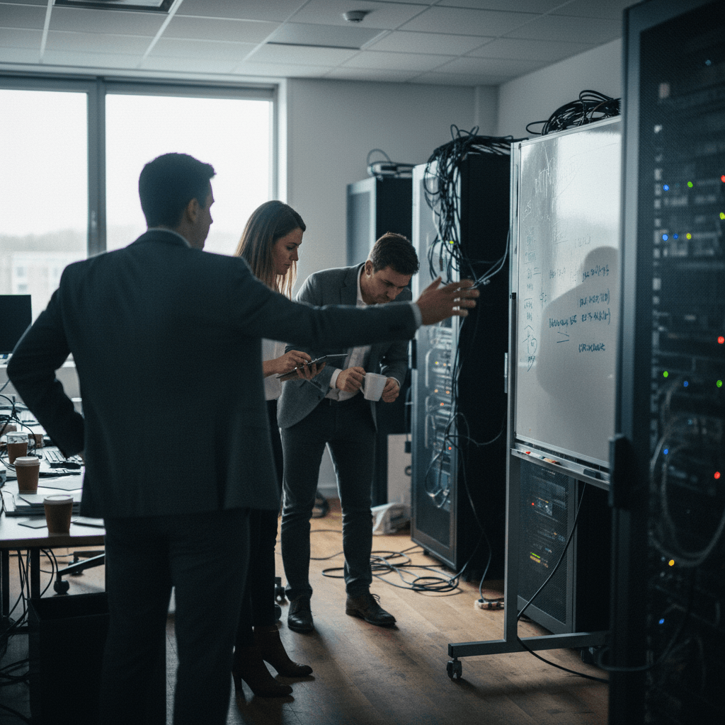 Three professionals in business attire in a server room, one pointing at a whiteboard covered with technical notes.