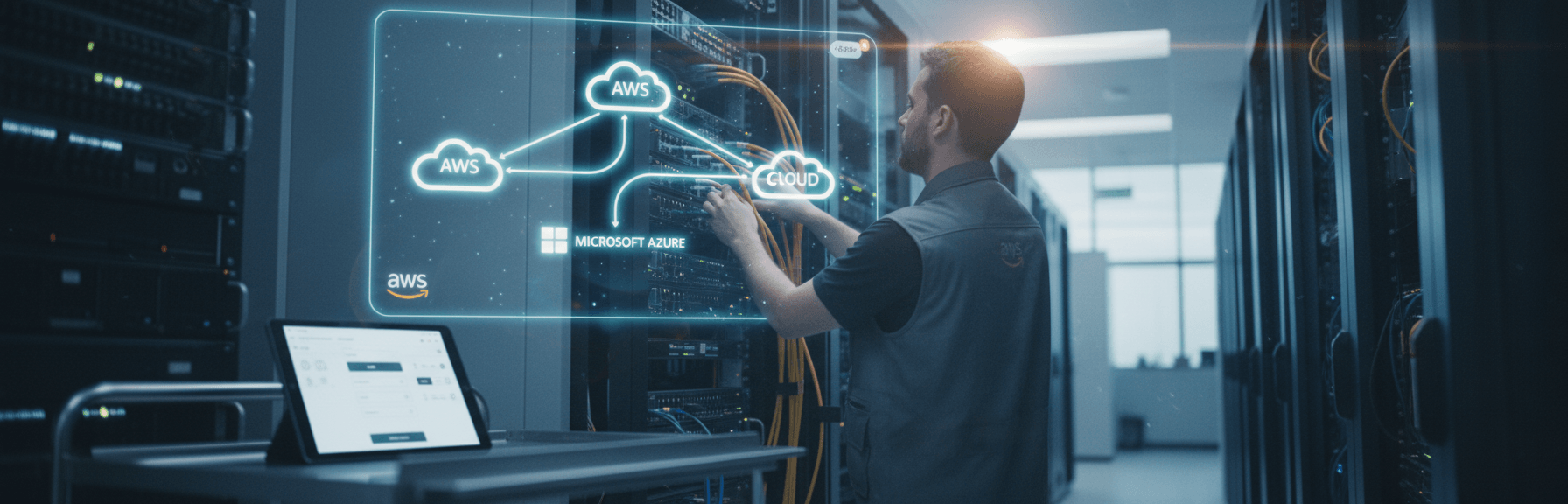 A candid shot of an IT engineer connecting cables in a server rack, representing AWS Interconnect's multicloud solution.