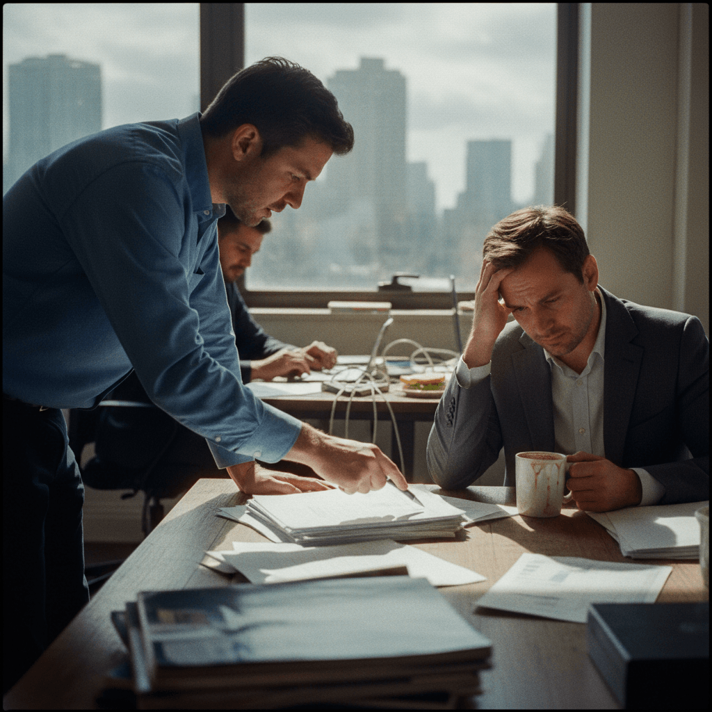 Two men in an office, one points at papers while the other, holding a coffee mug, looks stressed.