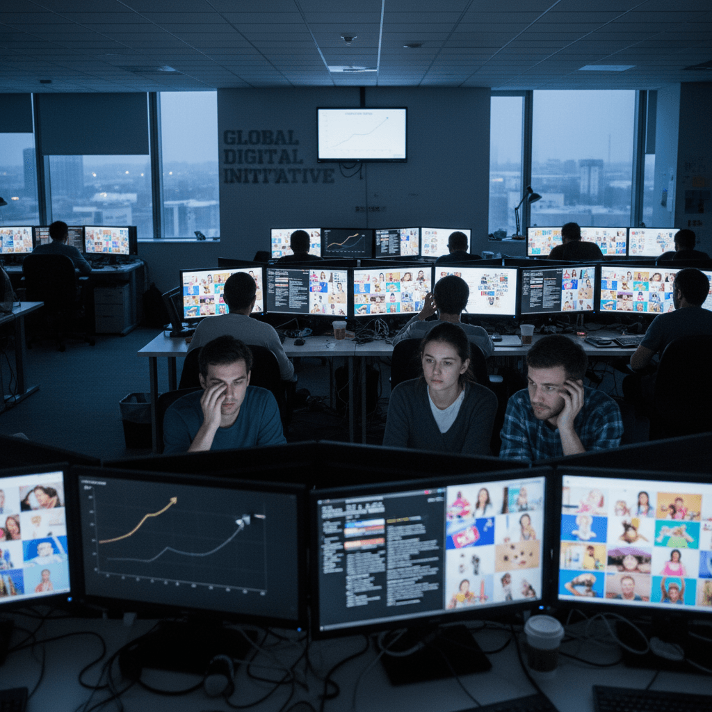 A wide shot of a modern office at night, with several researchers intently looking at multiple computer monitors displaying graphs and grids of faces.
