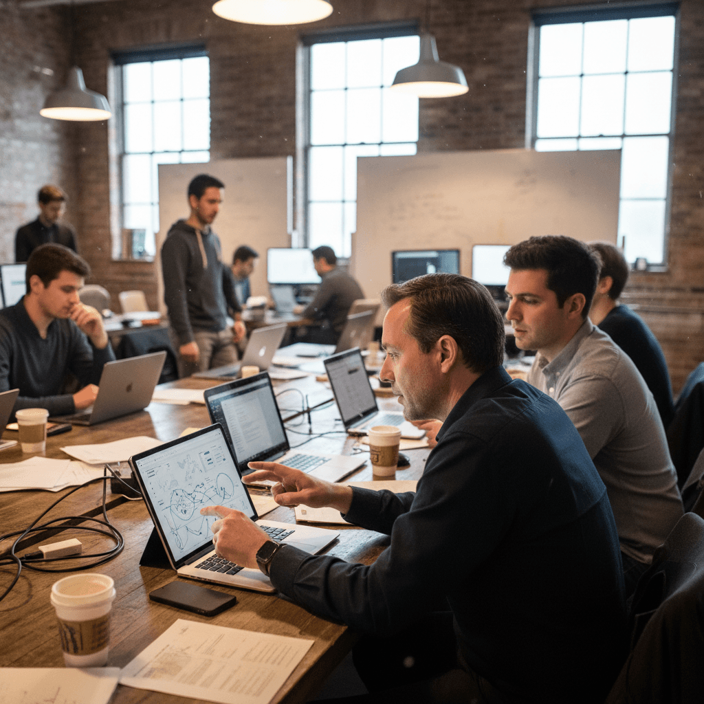 Reid Hoffman, focused, gestures at a laptop screen displaying a complex diagram, surrounded by colleagues in an open-plan office.