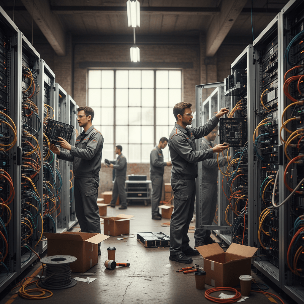 Wide shot of a data center with multiple technicians in gray uniforms working on large server racks.