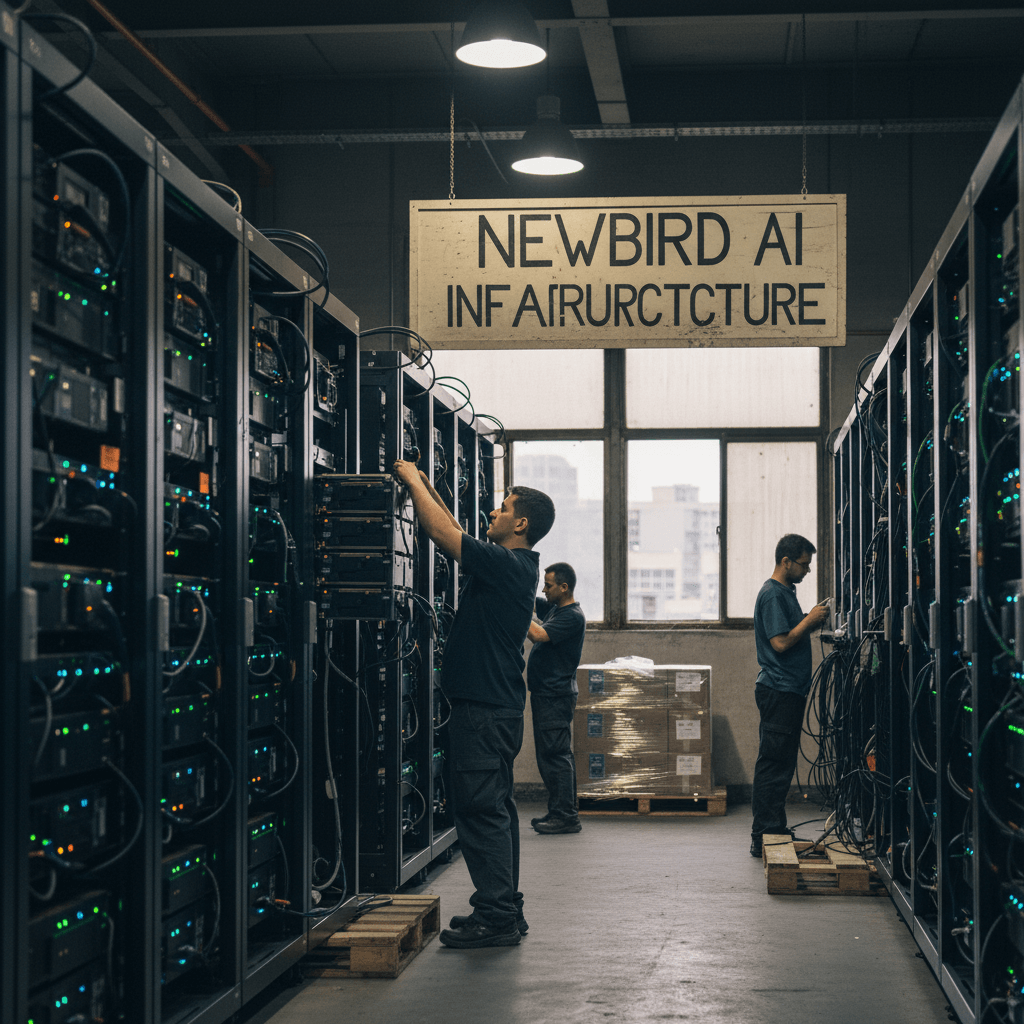 Three technicians in a dimly lit data center, surrounded by tall server racks with blinking lights. One technician adjusts cables.