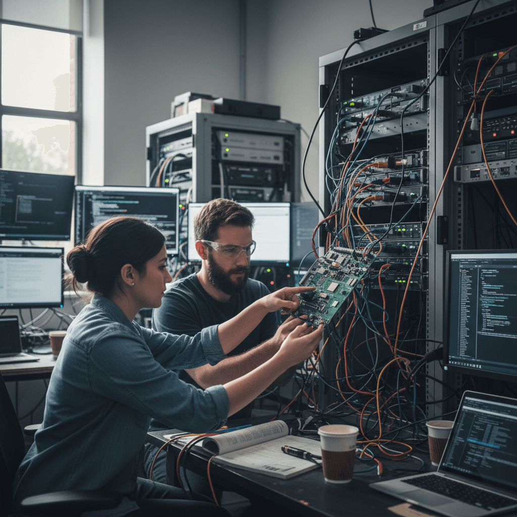 Two engineers, one male with safety glasses and one female, examining a circuit board in a server room environment.