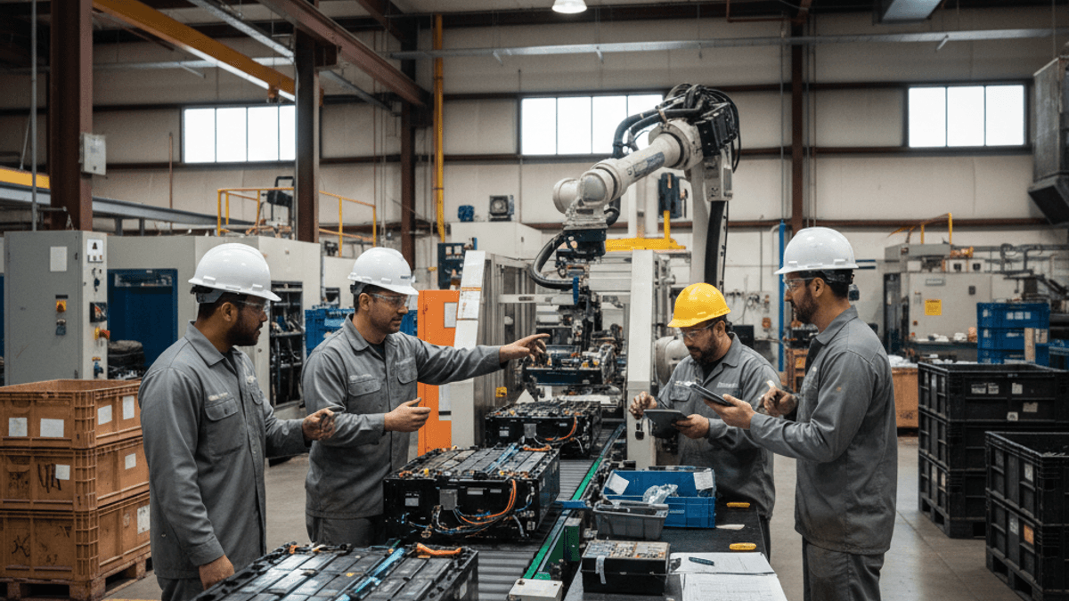 Four engineers and technicians in an industrial setting, inspecting battery modules on a conveyor belt with a robotic arm in the background.