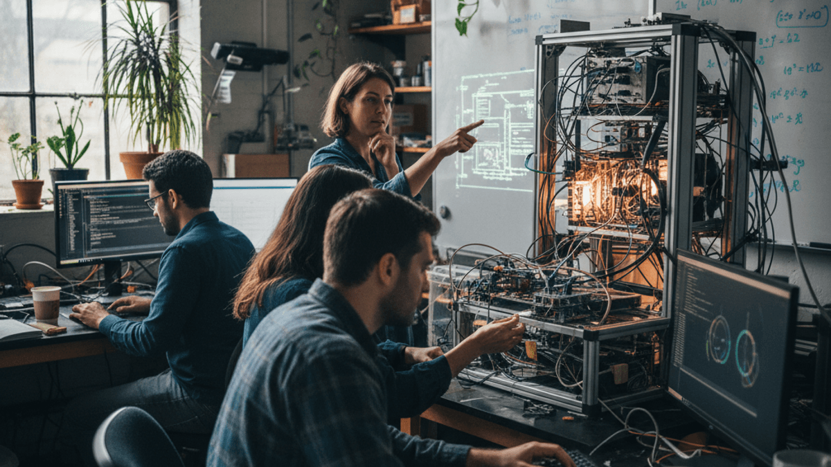 A candid shot of four engineers working in a busy lab, with one woman pointing at a complex machine.