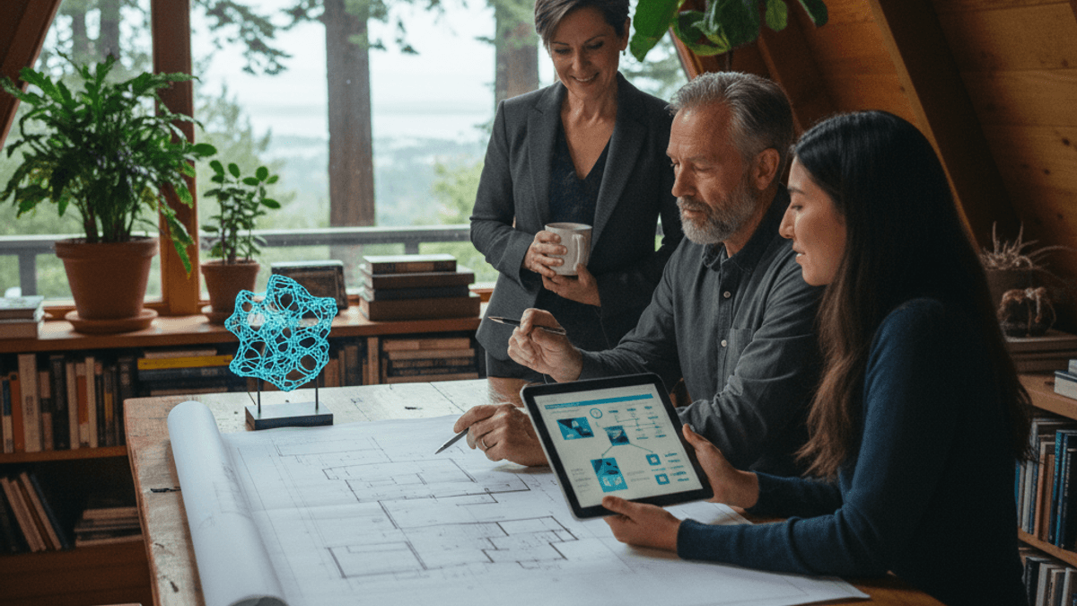 Three professionals, two men and one woman, gather around blueprints and a tablet in a rustic, modern home.
