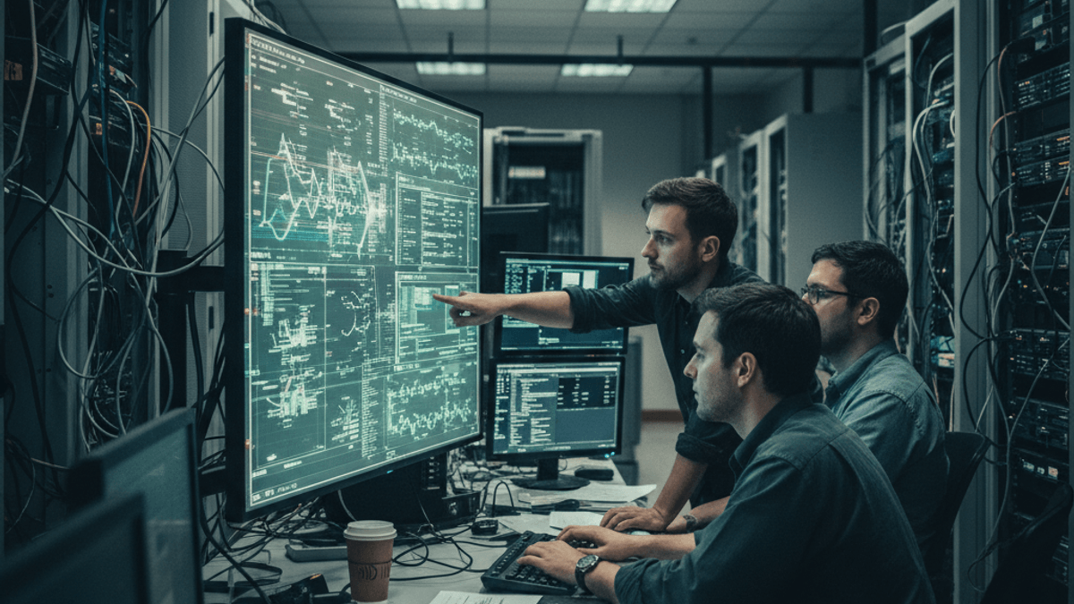 Three male engineers in a dimly lit server room with racks of equipment, intently viewing complex data graphs on large monitors.