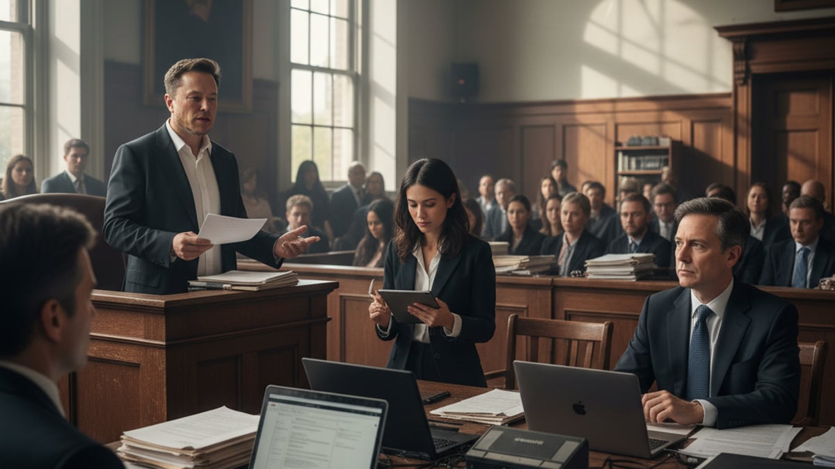Elon Musk, holding papers, speaks from a witness stand in a courtroom, with legal teams and spectators present.