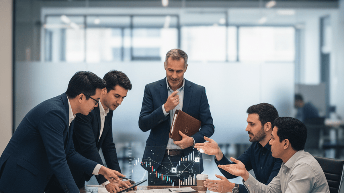 A diverse group of business professionals in suits huddle around a wooden conference table, intensely focused on documents.