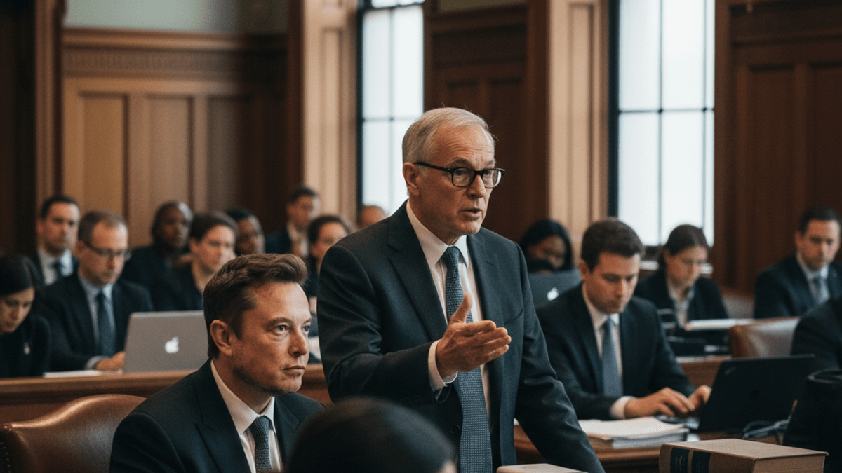 A man in a suit speaks in a courtroom, gesturing, with Elon Musk seated in the foreground, listening.