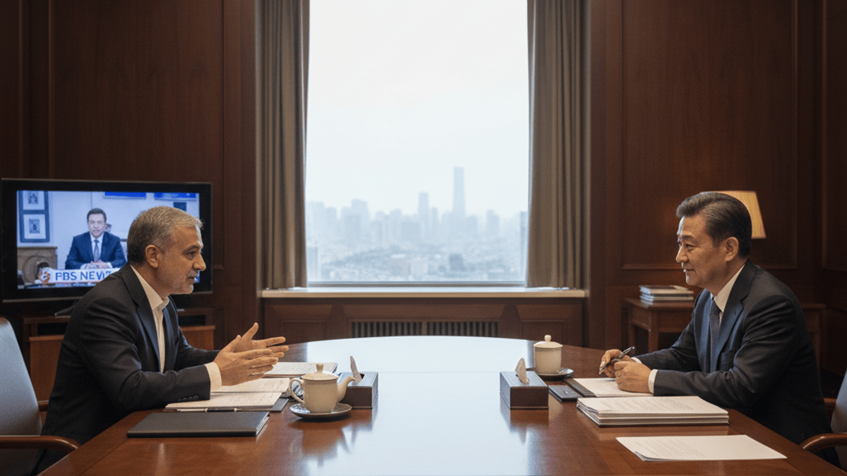Two men in suits sit at a large wooden conference table in a modern office, engaged in discussion.