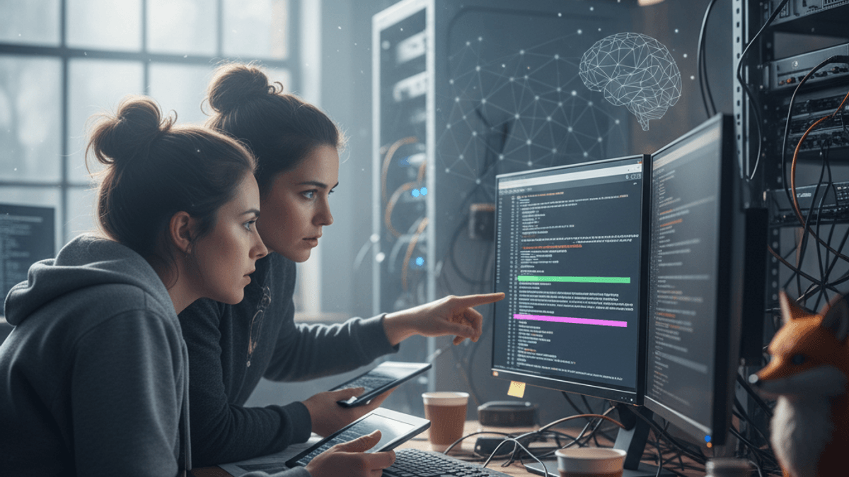 Two software developers, engrossed in lines of code on computer screens, collaborate in a dimly lit server environment.