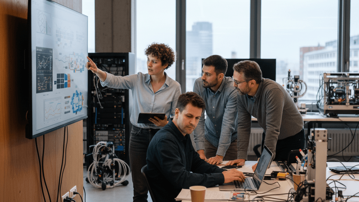 Four software developers, two men and two women, collaborate in a modern, industrial-style office space in Germany, focusing on a large screen displaying data.